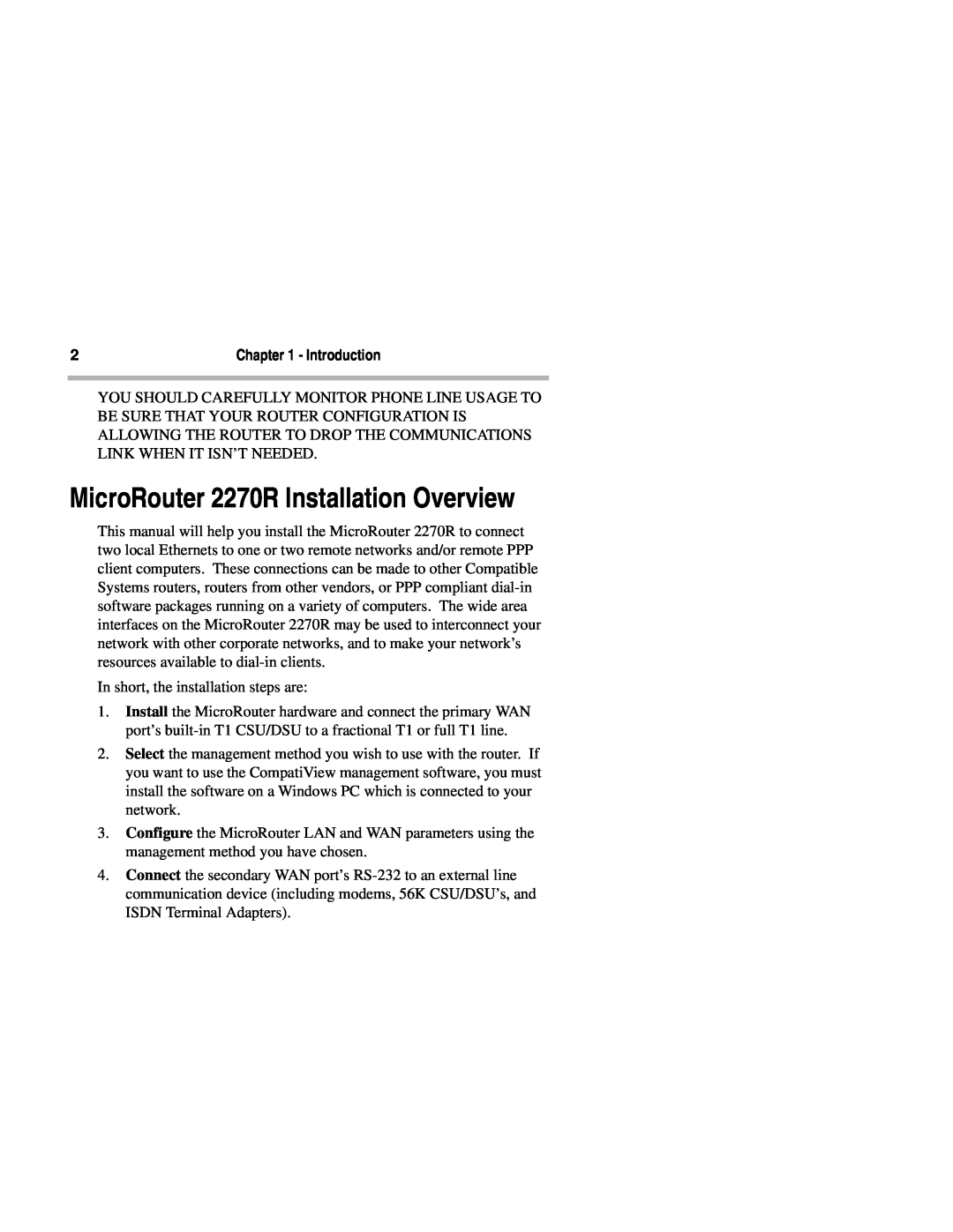 Compatible Systems manual MicroRouter 2270R Installation Overview, Introduction 