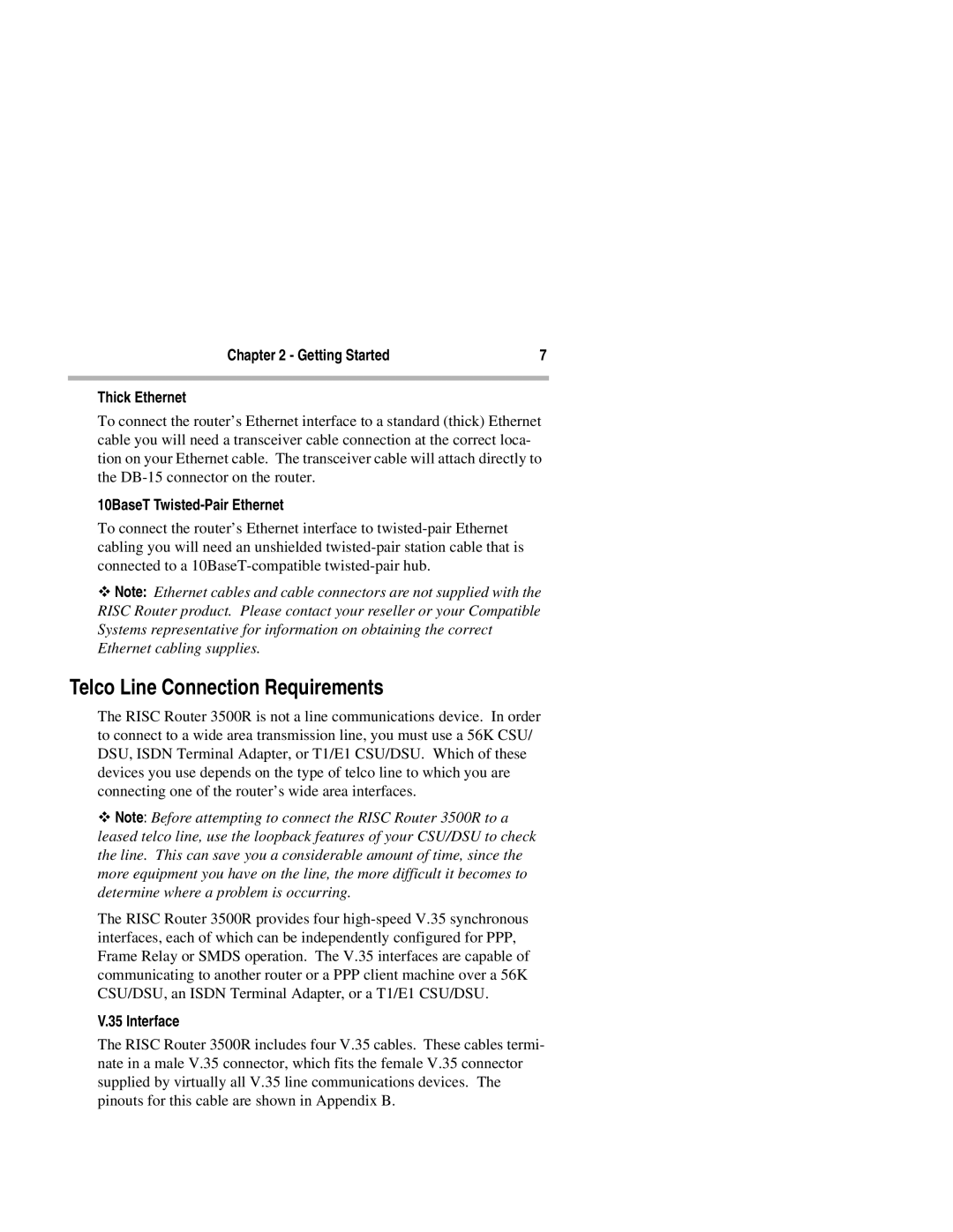 Compatible Systems 3500R Telco Line Connection Requirements, Getting Started Thick Ethernet, 10BaseT Twisted-Pair Ethernet 