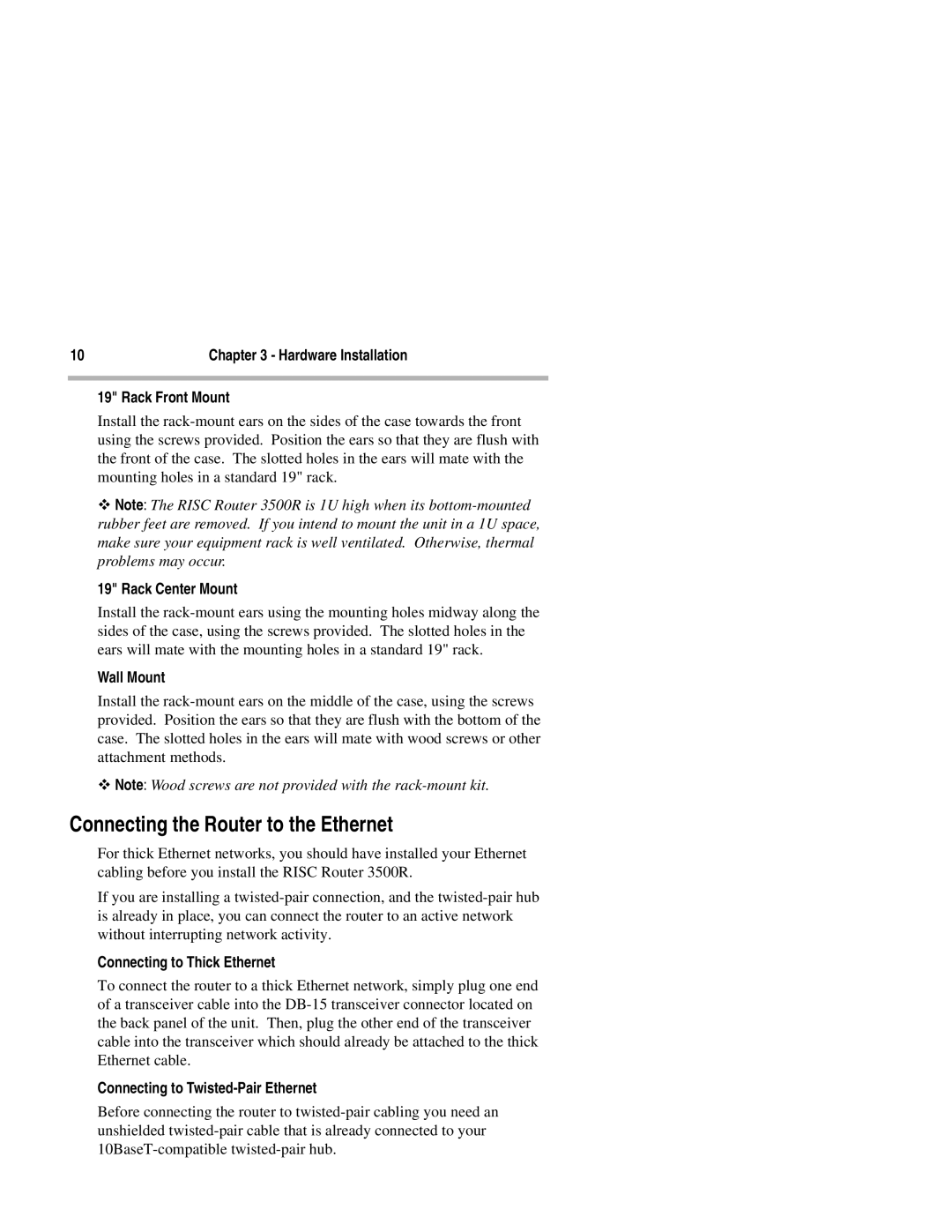 Compatible Systems 3500R manual Connecting the Router to the Ethernet 