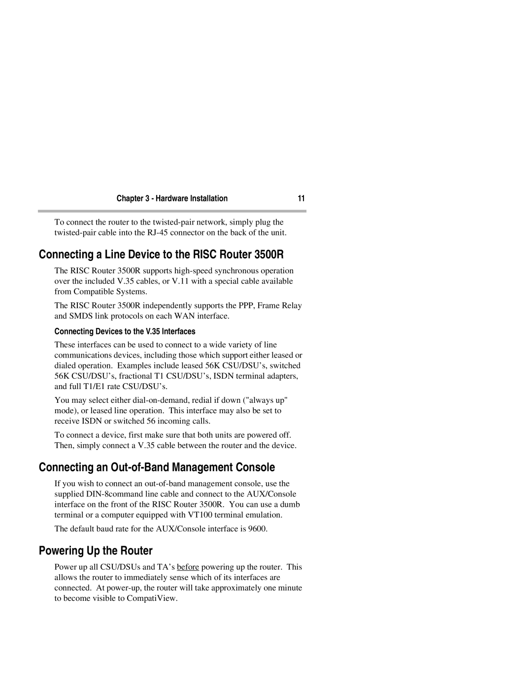 Compatible Systems Connecting a Line Device to the Risc Router 3500R, Connecting an Out-of-Band Management Console 