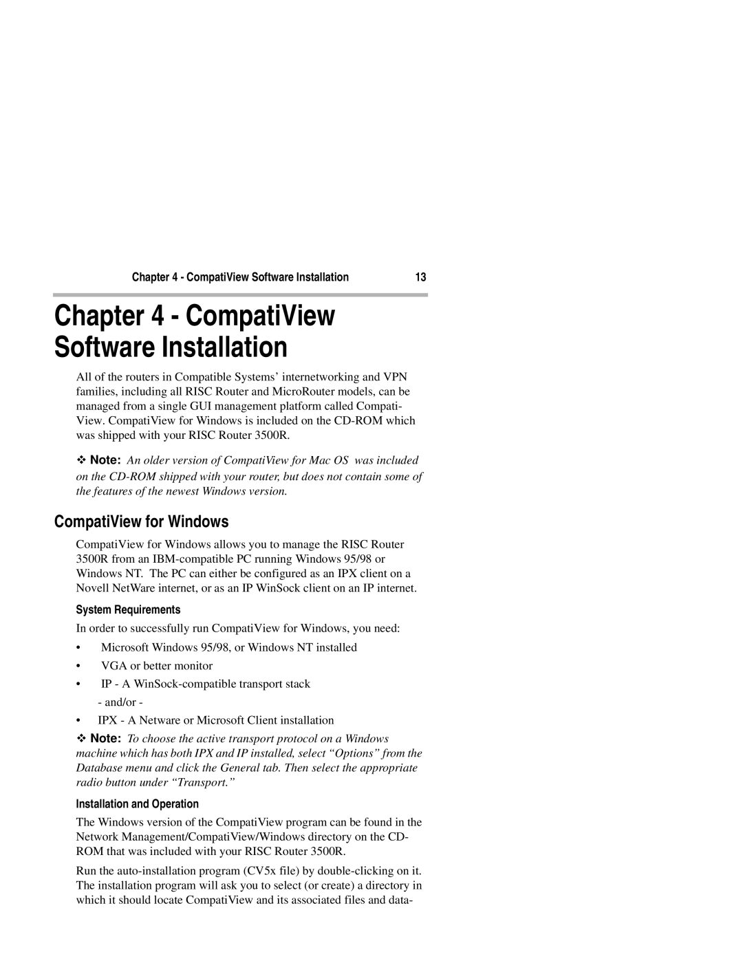 Compatible Systems 3500R manual CompatiView for Windows, System Requirements, Installation and Operation 