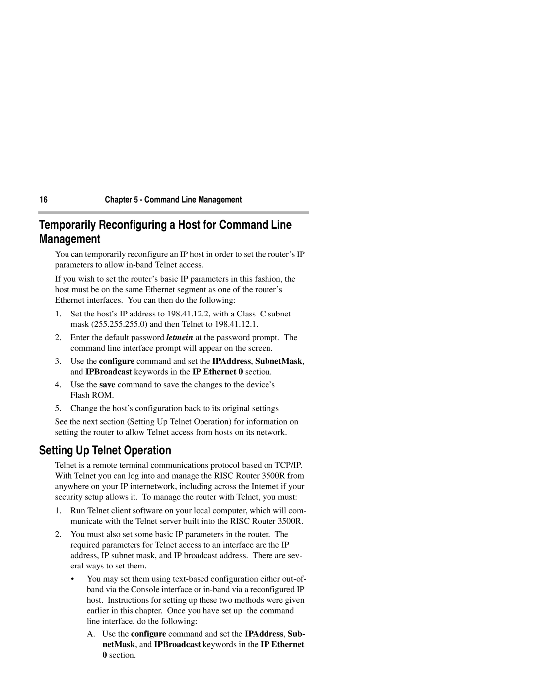 Compatible Systems 3500R manual Temporarily Reconfiguring a Host for Command Line Management, Setting Up Telnet Operation 