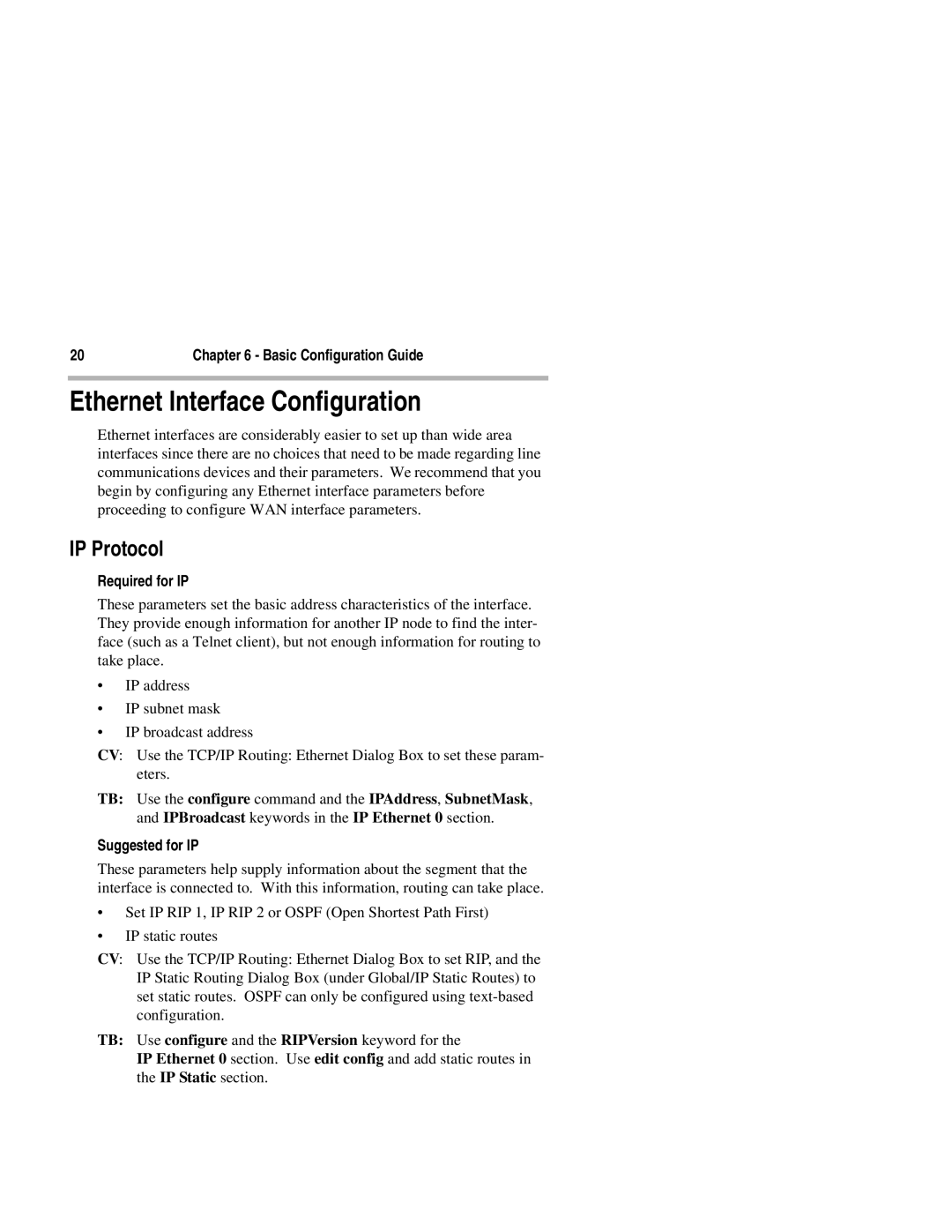 Compatible Systems 3500R manual Ethernet Interface Configuration, IP Protocol, Required for IP, Suggested for IP 