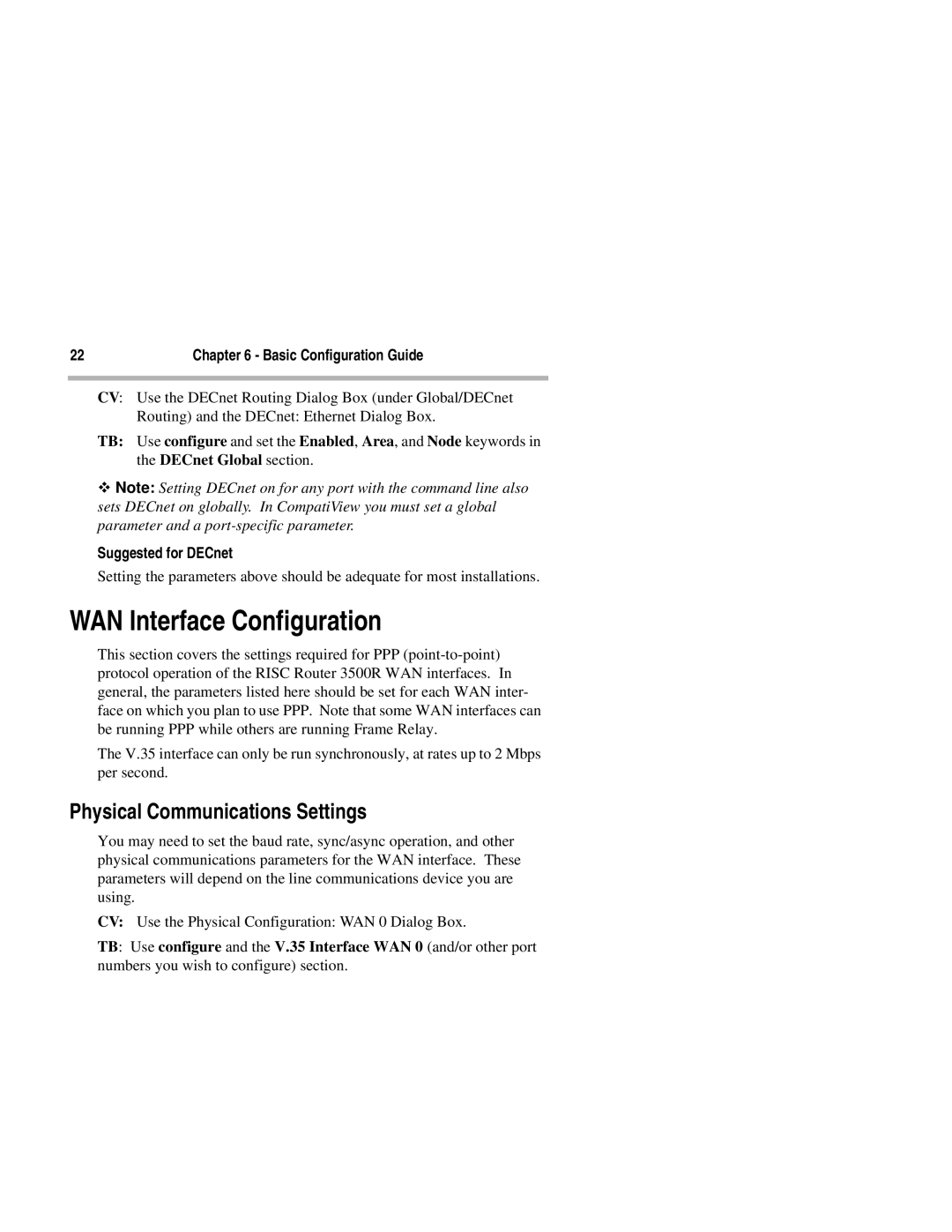 Compatible Systems 3500R manual WAN Interface Configuration, Physical Communications Settings, Suggested for DECnet 