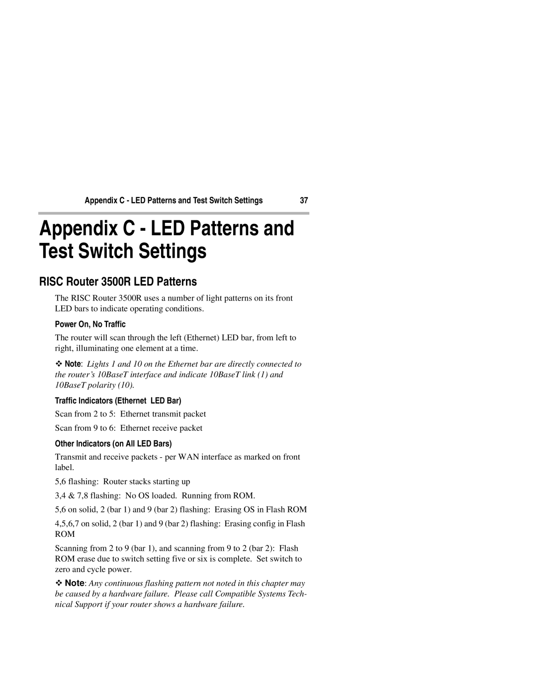 Compatible Systems manual Risc Router 3500R LED Patterns, Power On, No Traffic, Traffic Indicators Ethernet LED Bar 