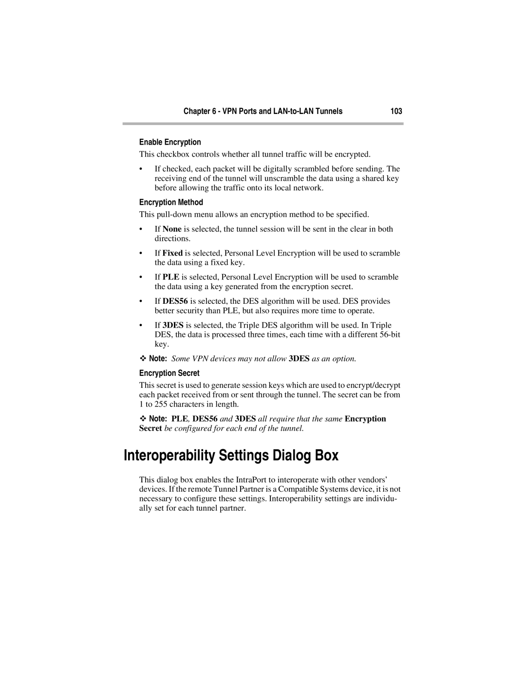 Compatible Systems 5.4 Interoperability Settings Dialog Box, 103, Enable Encryption, Encryption Method, Encryption Secret 