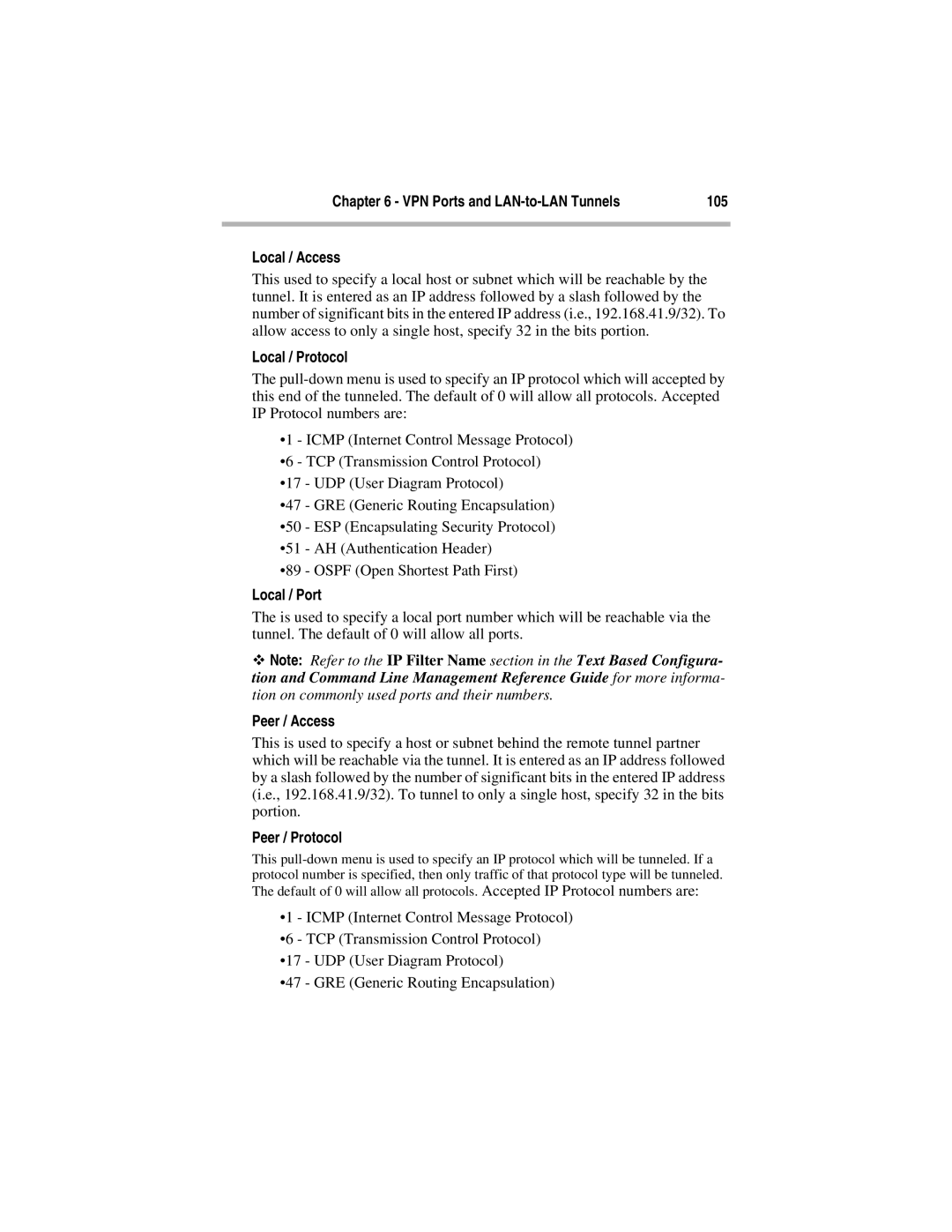 Compatible Systems 5.4 manual 105, Local / Access, Local / Protocol, Local / Port, Peer / Access, Peer / Protocol 