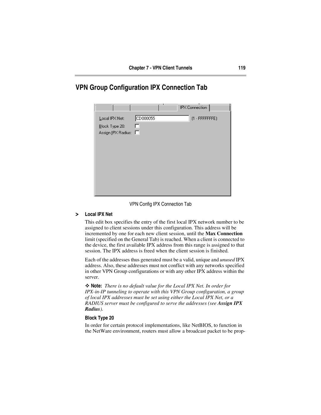 Compatible Systems 5.4 VPN Group Configuration IPX Connection Tab, VPN Client Tunnels 119, VPN Config IPX Connection Tab 