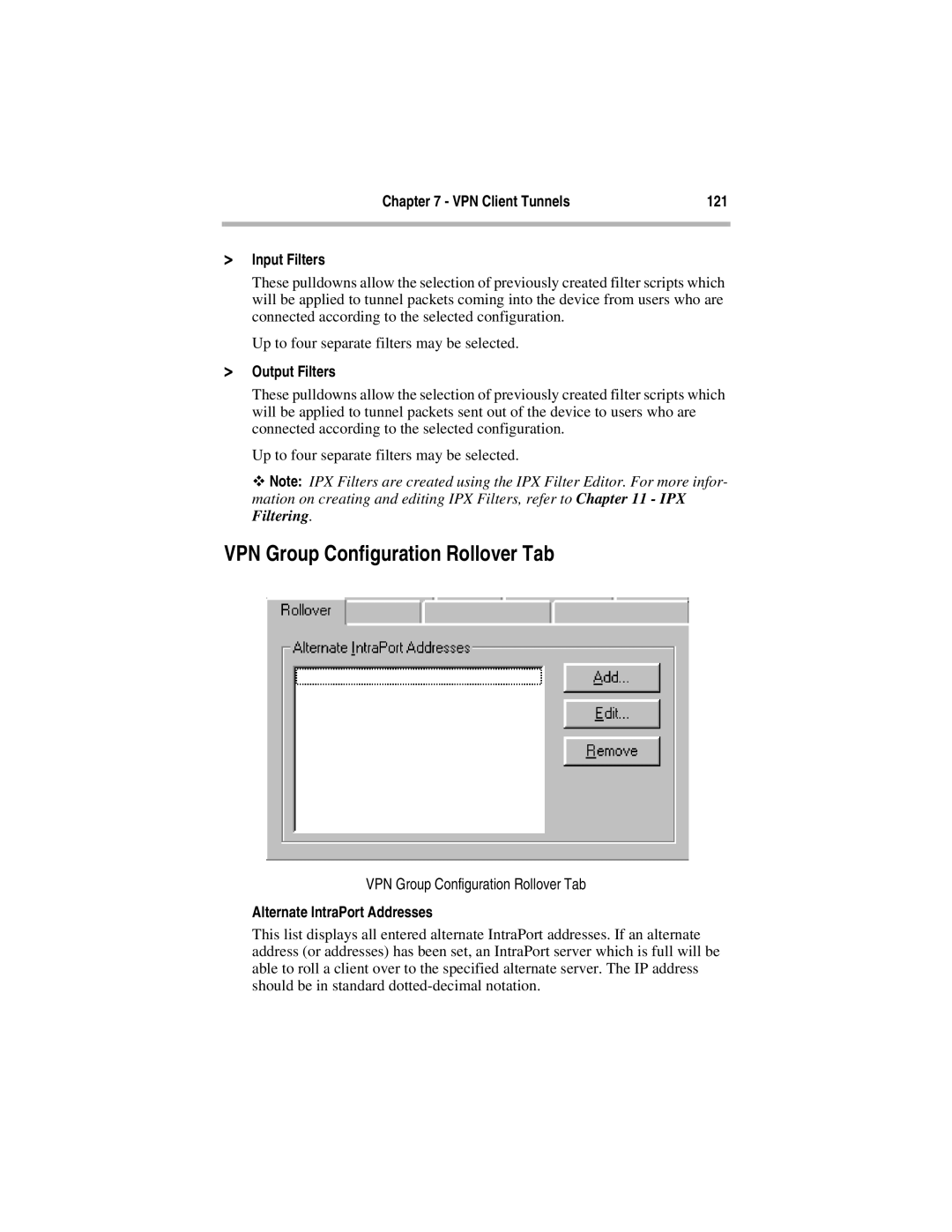 Compatible Systems 5.4 manual VPN Group Configuration Rollover Tab, VPN Client Tunnels 121 Input Filters 