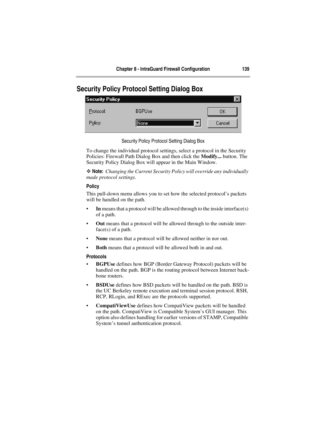 Compatible Systems 5.4 manual Security Policy Protocol Setting Dialog Box, 139, Protocols 