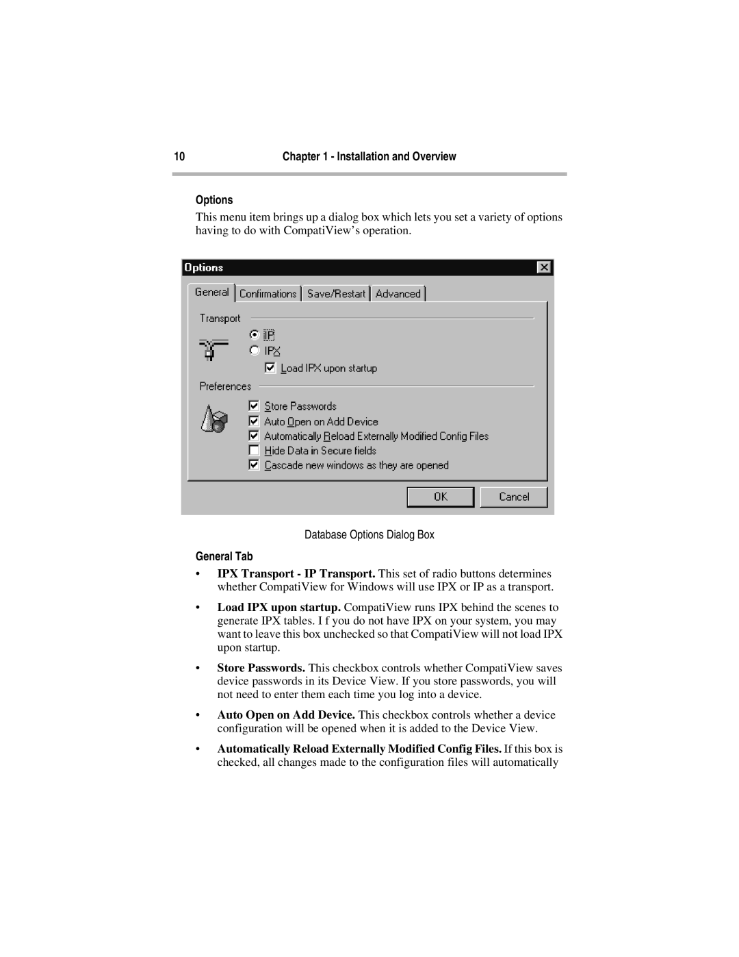 Compatible Systems 5.4 manual Database Options Dialog Box, General Tab 