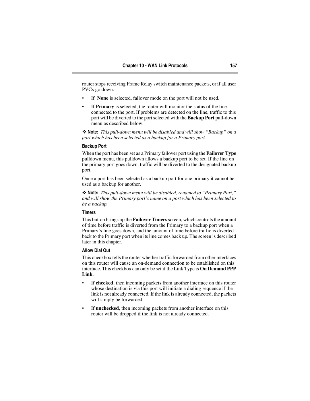 Compatible Systems 5.4 manual WAN Link Protocols 157, Backup Port, Timers, Allow Dial Out 
