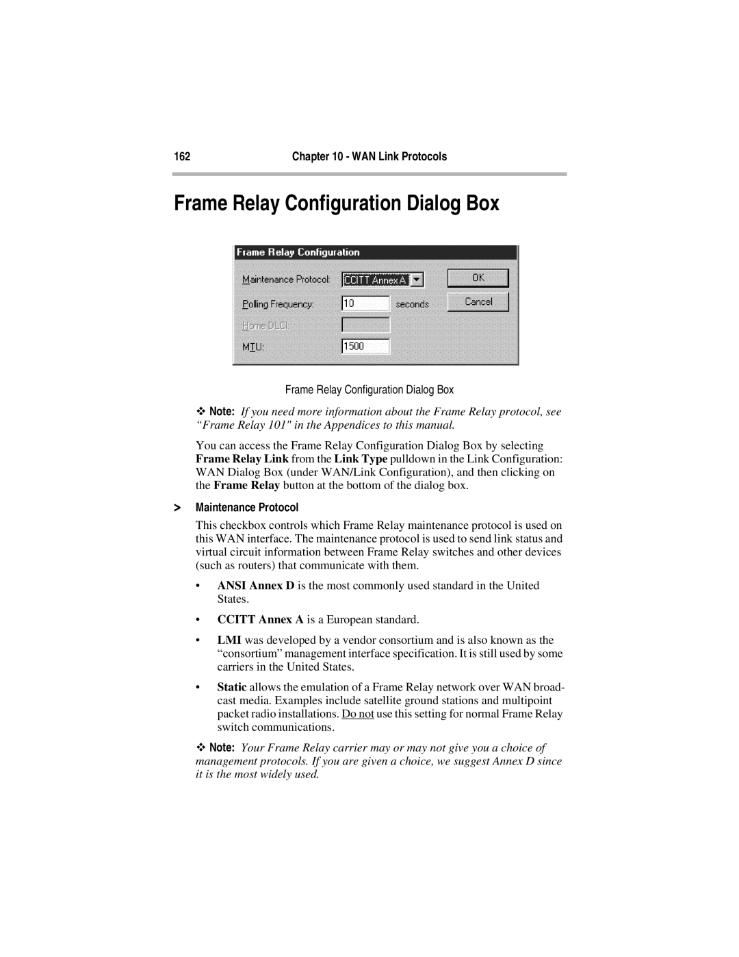 Compatible Systems 5.4 manual Frame Relay Configuration Dialog Box, Maintenance Protocol 