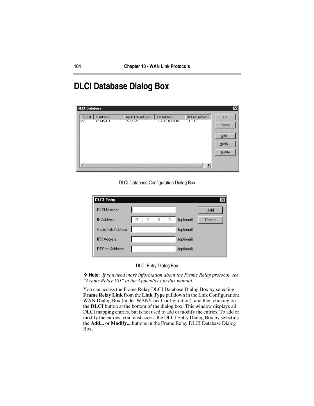 Compatible Systems 5.4 manual Dlci Database Dialog Box, Dlci Database Configuration Dialog Box Dlci Entry Dialog Box 