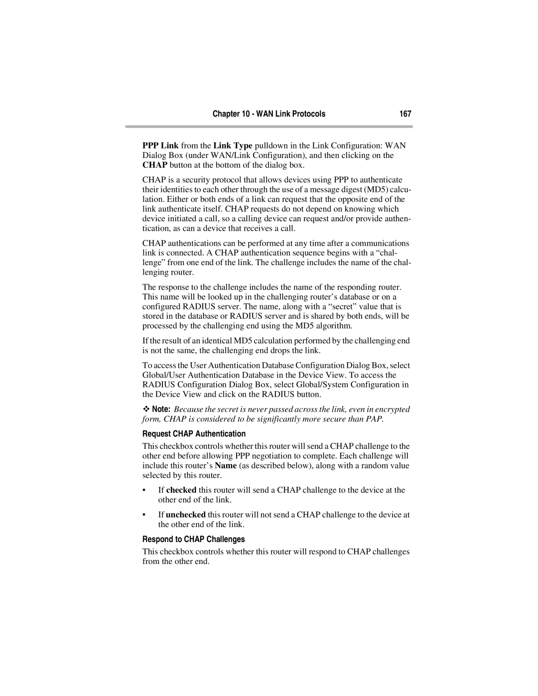 Compatible Systems 5.4 manual WAN Link Protocols 167, Request Chap Authentication, Respond to Chap Challenges 