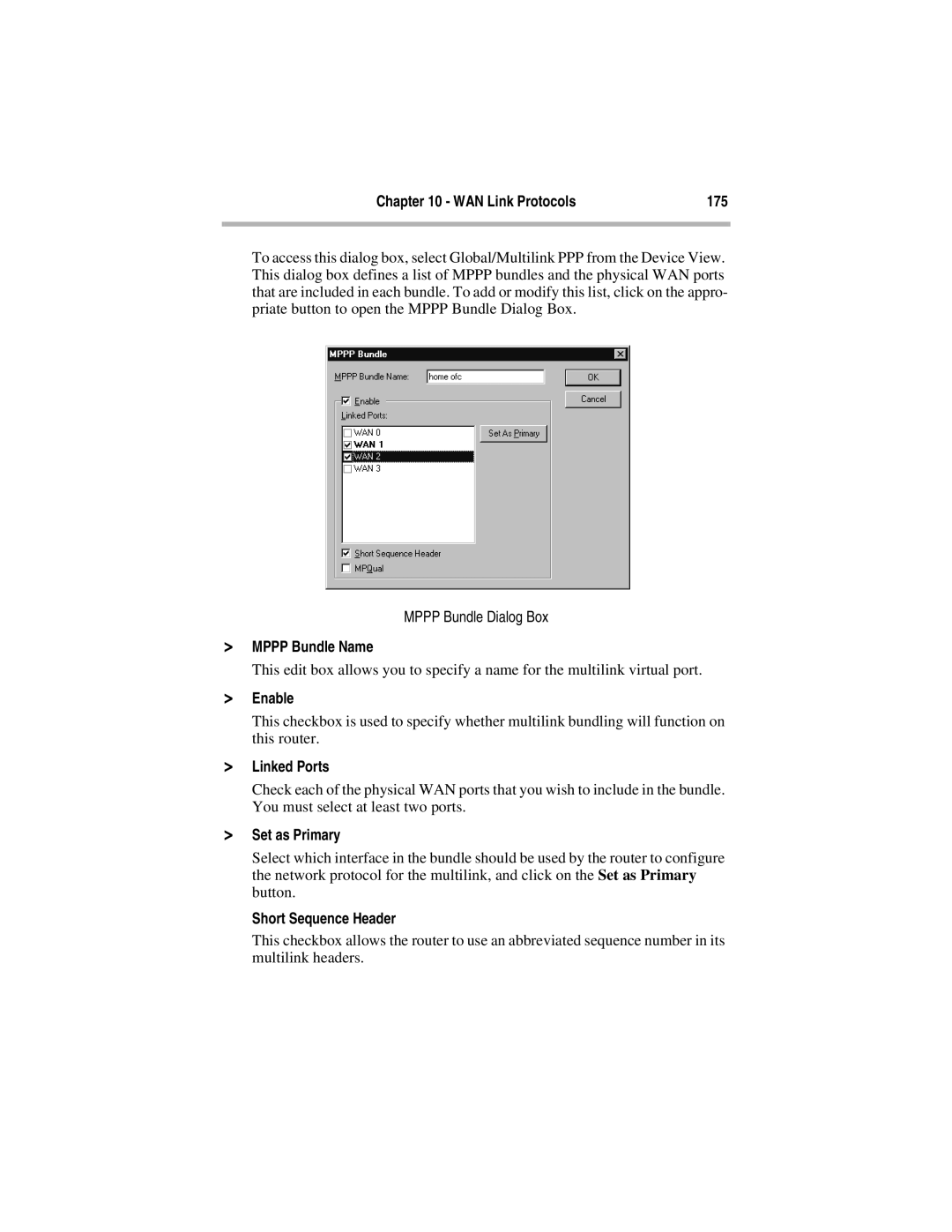 Compatible Systems 5.4 manual WAN Link Protocols 175, Mppp Bundle Name, Enable, Linked Ports, Set as Primary 