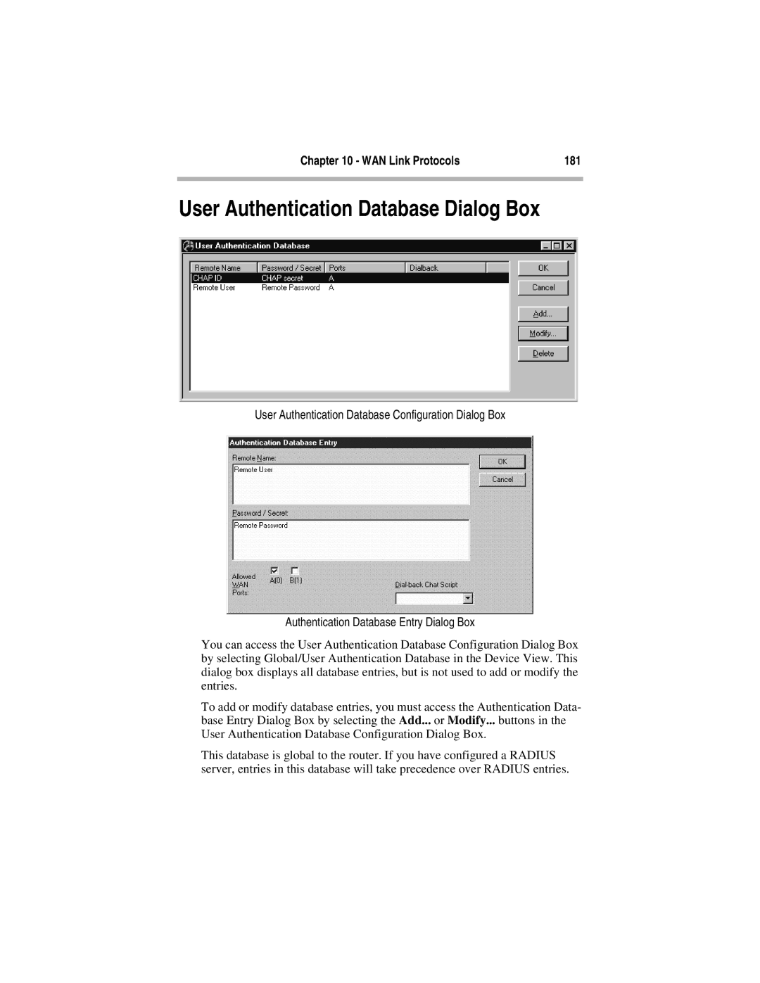 Compatible Systems 5.4 manual User Authentication Database Dialog Box, WAN Link Protocols 181 