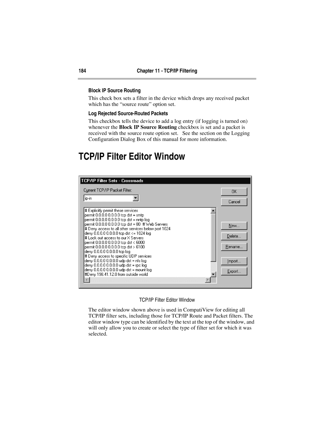 Compatible Systems 5.4 manual TCP/IP Filter Editor Window, TCP/IP Filtering, Block IP Source Routing 