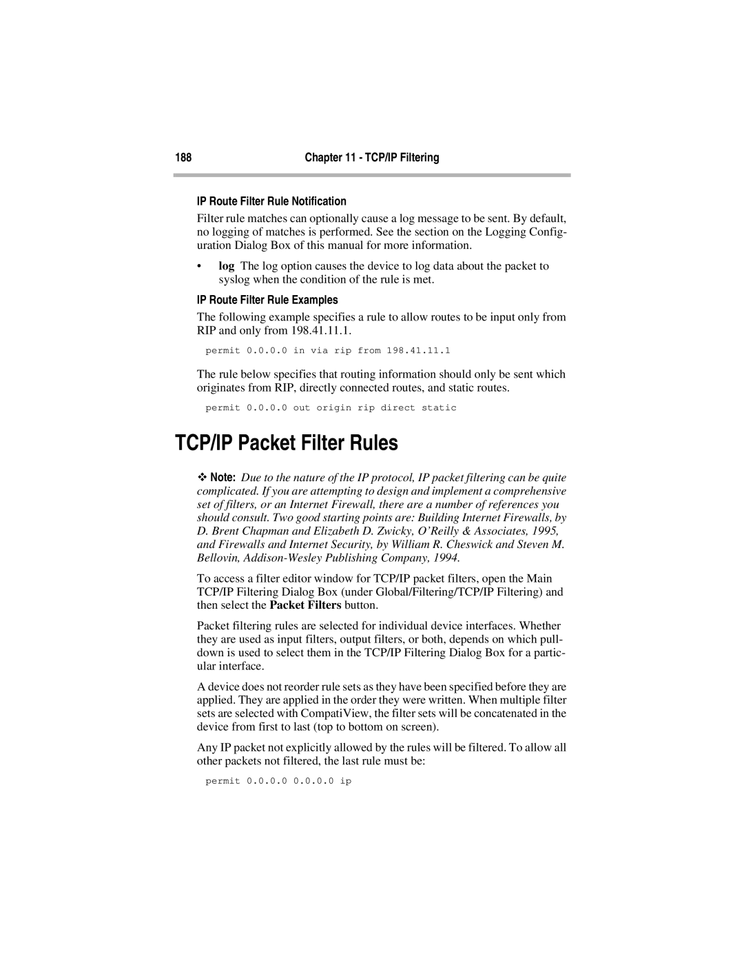 Compatible Systems 5.4 manual TCP/IP Packet Filter Rules, IP Route Filter Rule Notification, IP Route Filter Rule Examples 