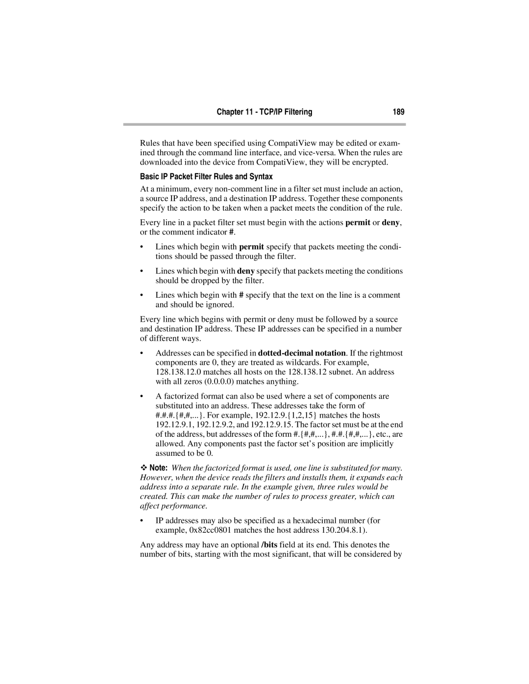 Compatible Systems 5.4 manual TCP/IP Filtering 189, Basic IP Packet Filter Rules and Syntax 