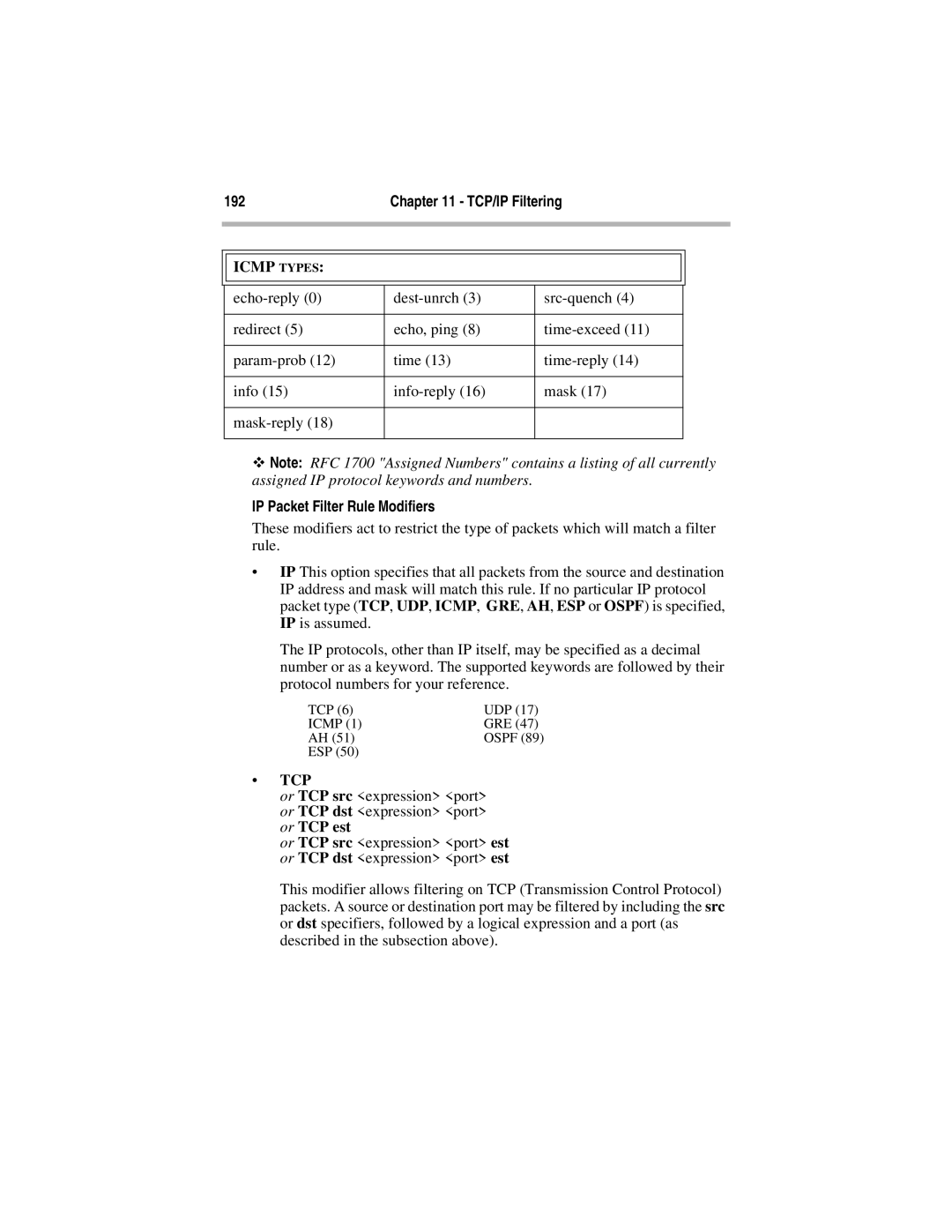 Compatible Systems 5.4 manual Icmp Types, IP Packet Filter Rule Modifiers 