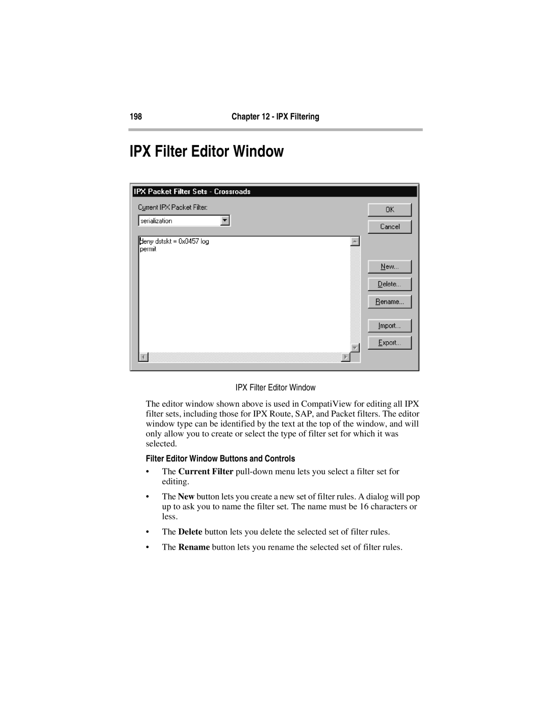 Compatible Systems 5.4 manual IPX Filter Editor Window, IPX Filtering, Filter Editor Window Buttons and Controls 