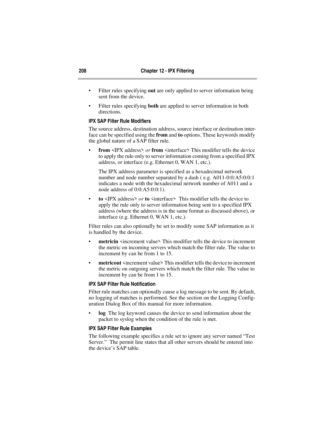 Compatible Systems 5.4 manual IPX SAP Filter Rule Modifiers, IPX SAP Filter Rule Notification, IPX SAP Filter Rule Examples 