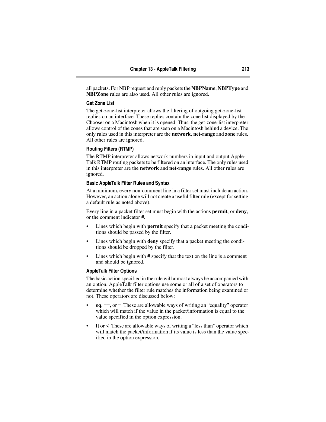 Compatible Systems 5.4 manual AppleTalk Filtering 213, Get Zone List, Routing Filters Rtmp, AppleTalk Filter Options 