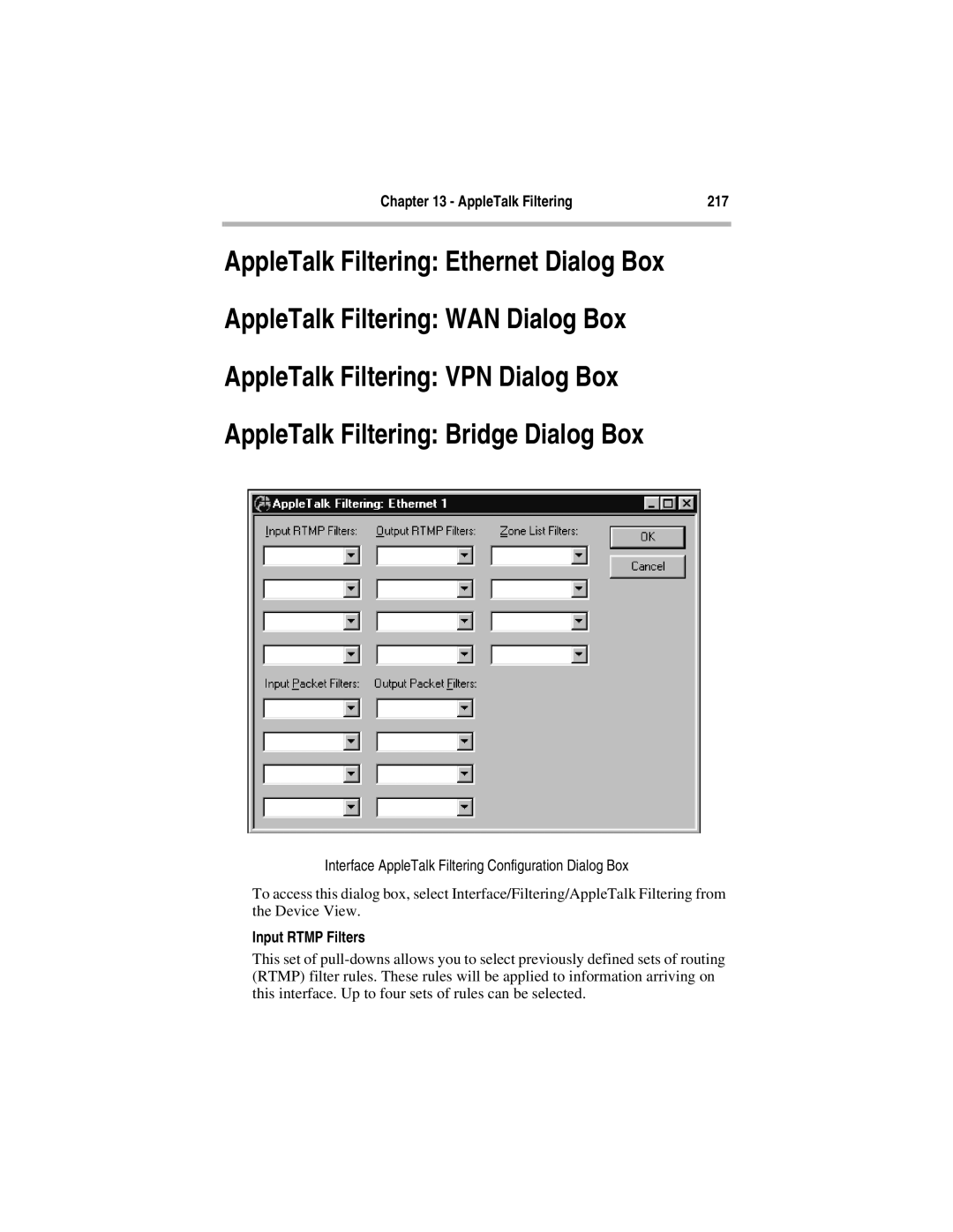 Compatible Systems 5.4 AppleTalk Filtering 217, Interface AppleTalk Filtering Configuration Dialog Box, Input Rtmp Filters 