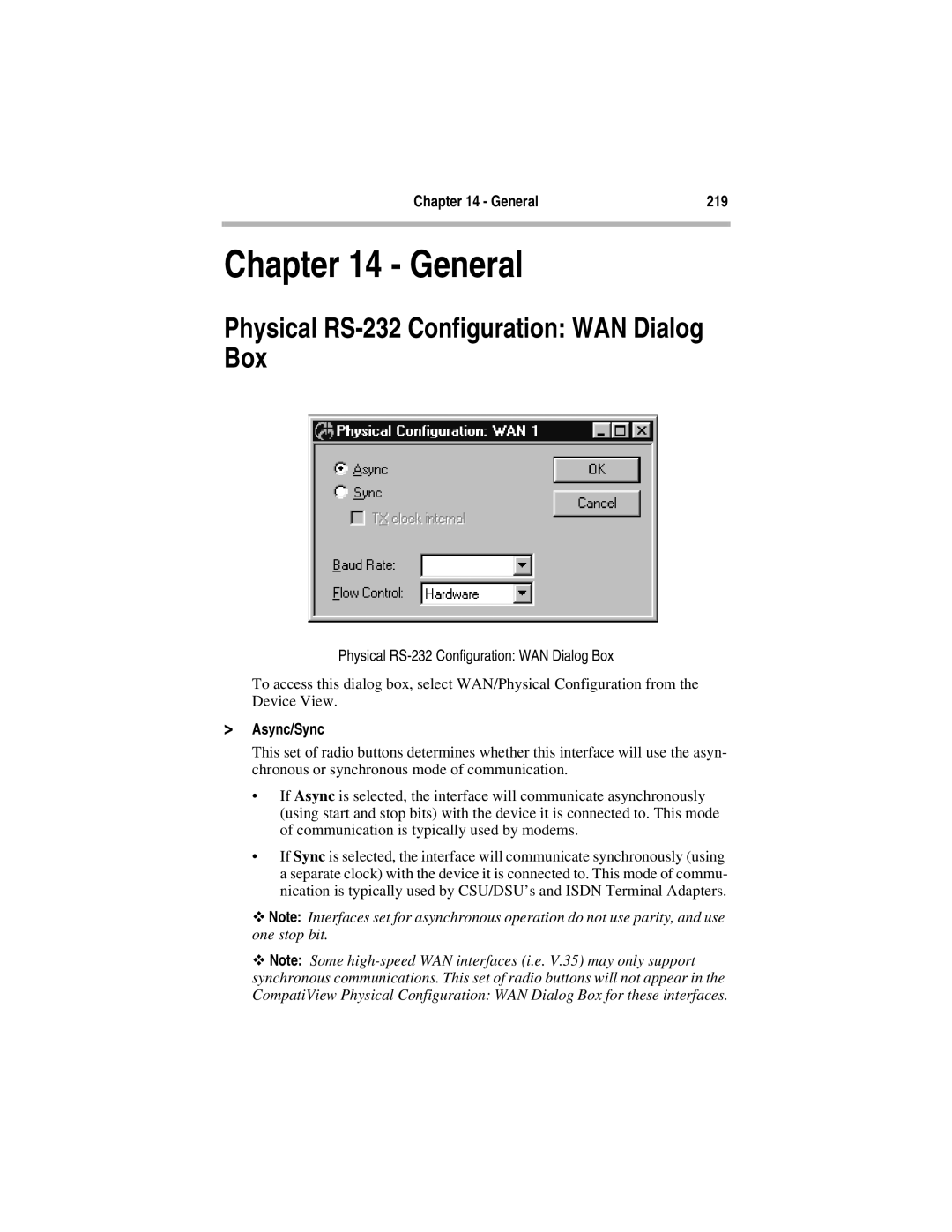 Compatible Systems 5.4 manual Physical RS-232 Configuration WAN Dialog Box, General 219, Async/Sync 