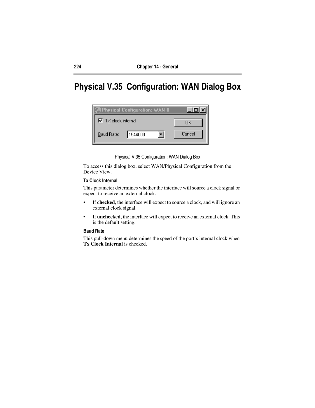 Compatible Systems 5.4 manual Physical V.35 Configuration WAN Dialog Box, Tx Clock Internal 