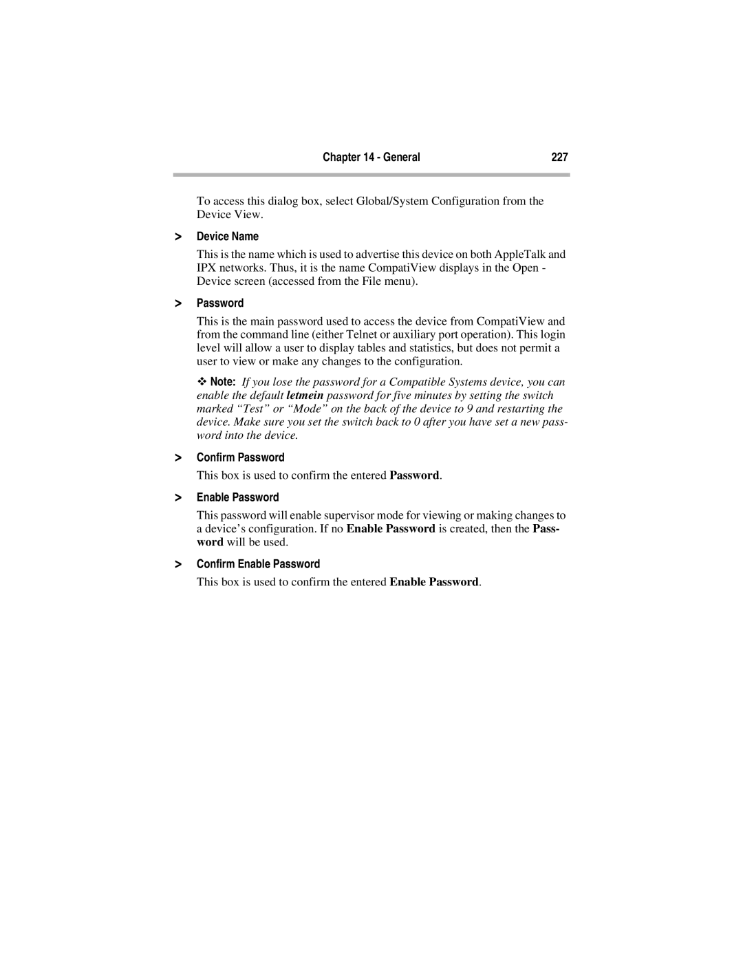 Compatible Systems 5.4 manual General 227, Device Name, Confirm Password, Confirm Enable Password 