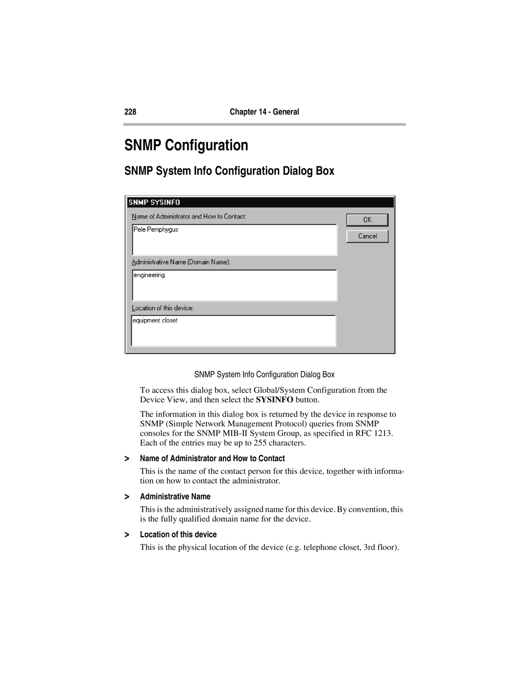 Compatible Systems 5.4 manual Snmp Configuration, Snmp System Info Configuration Dialog Box, Administrative Name 