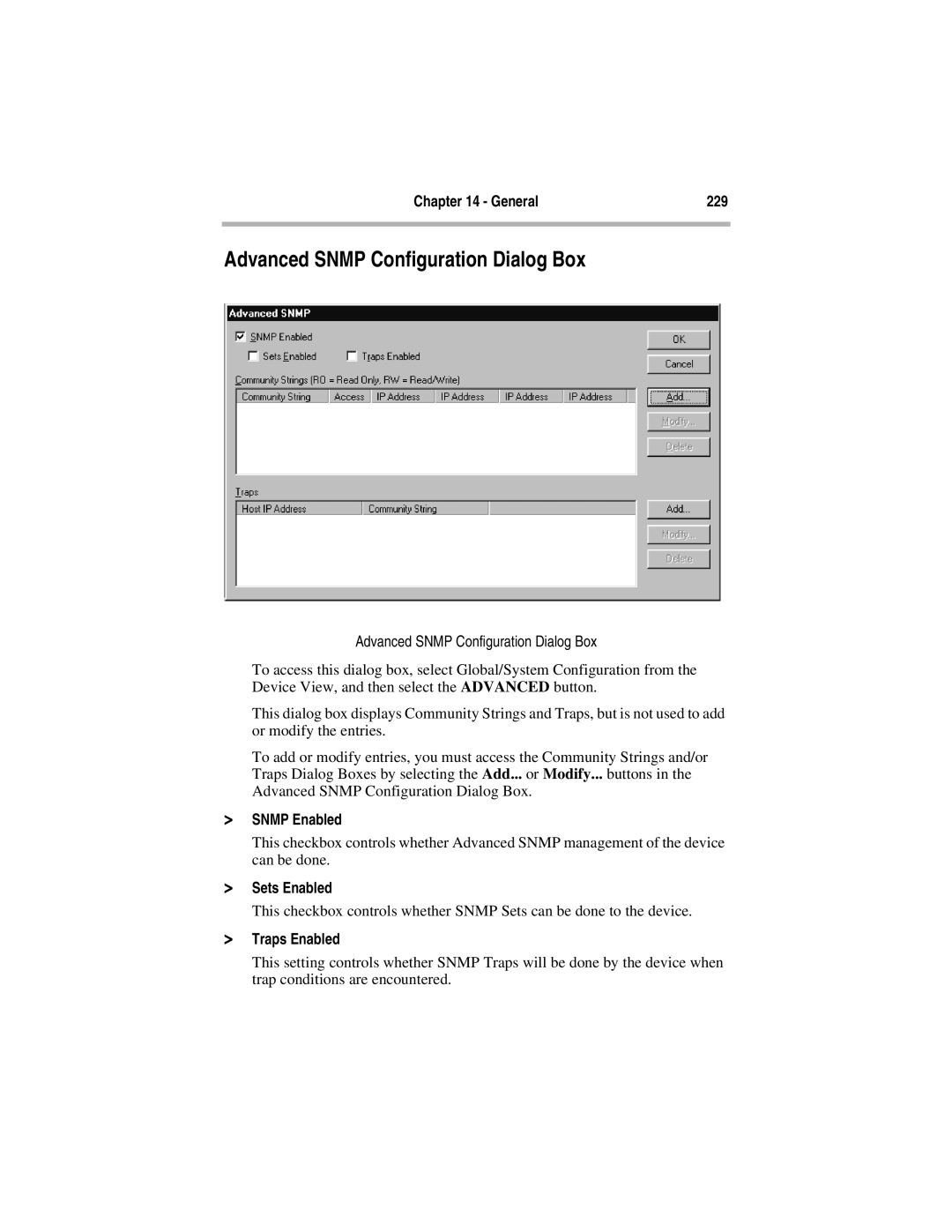 Compatible Systems 5.4 Advanced Snmp Configuration Dialog Box, General 229, Snmp Enabled, Sets Enabled, Traps Enabled 