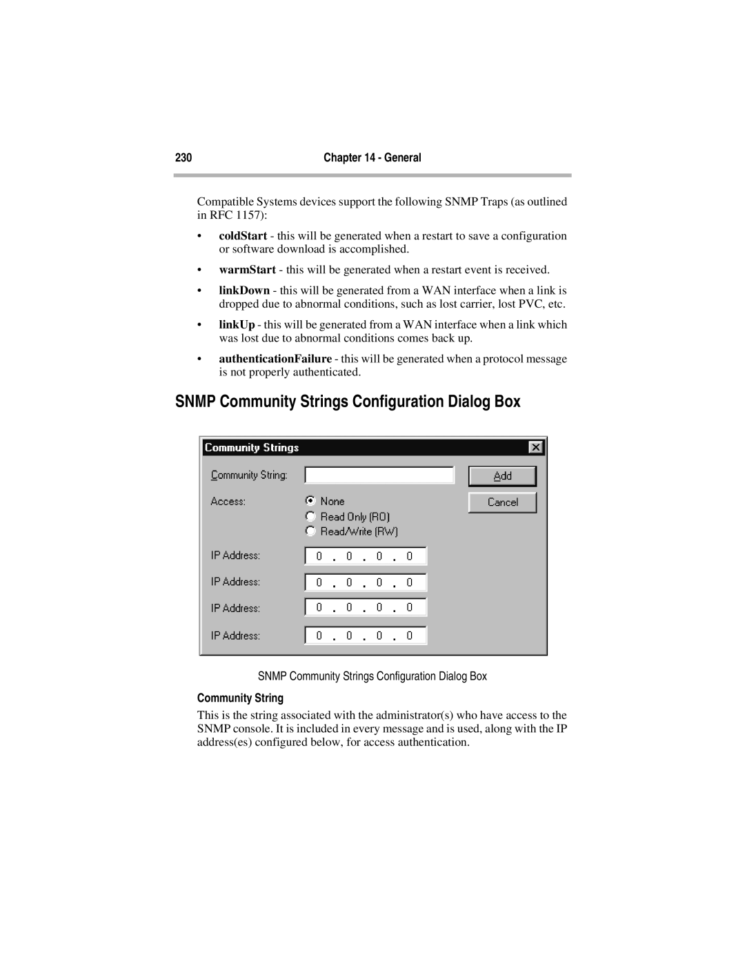 Compatible Systems 5.4 manual Snmp Community Strings Configuration Dialog Box 