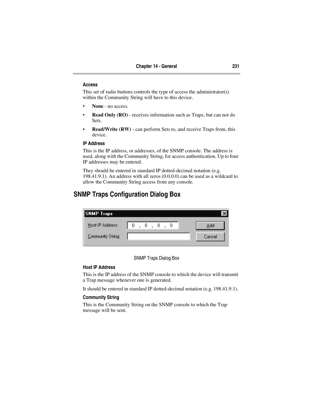 Compatible Systems 5.4 Snmp Traps Configuration Dialog Box, General 231 Access, Snmp Traps Dialog Box, Host IP Address 