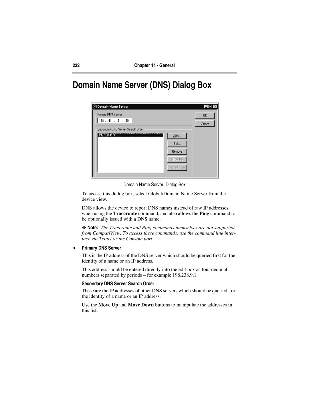 Compatible Systems 5.4 manual Domain Name Server DNS Dialog Box, Domain Name Server Dialog Box, Primary DNS Server 