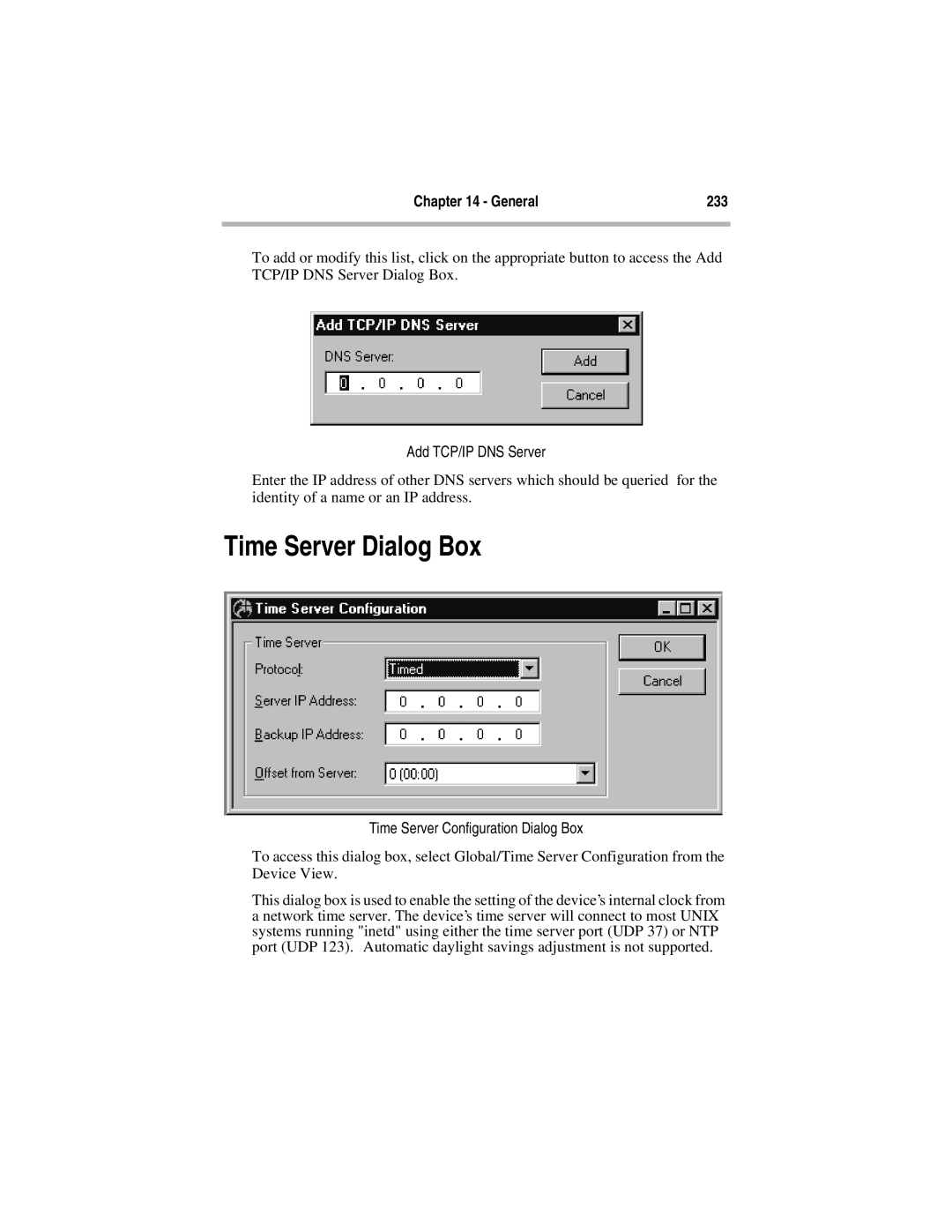 Compatible Systems 5.4 Time Server Dialog Box, General 233, Add TCP/IP DNS Server, Time Server Configuration Dialog Box 