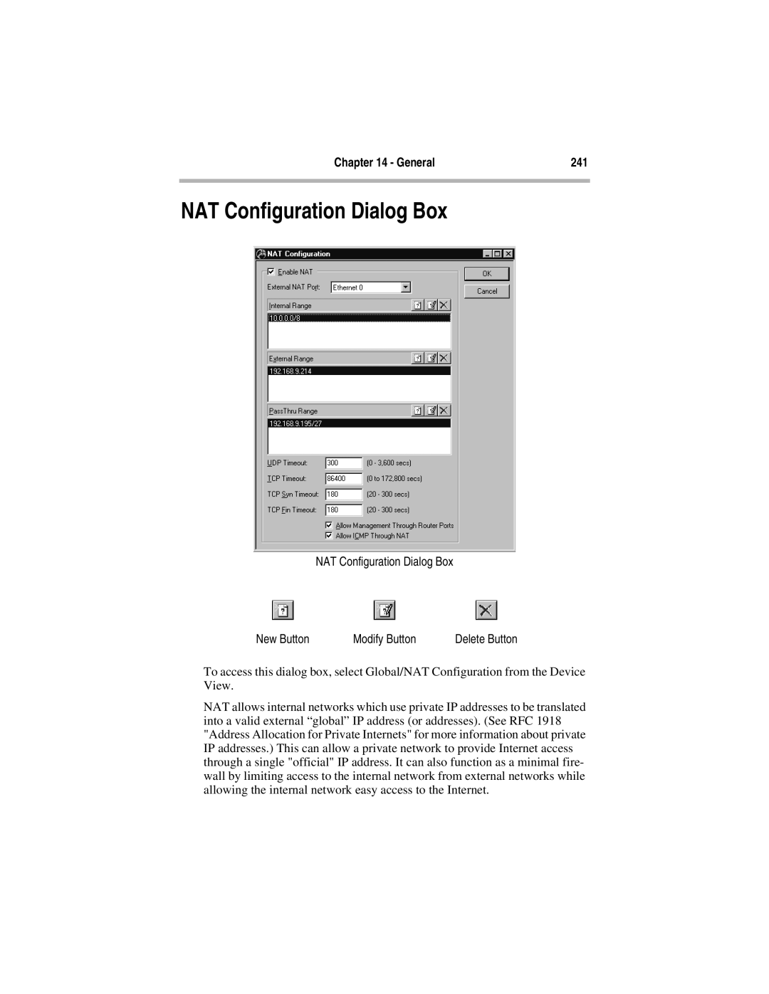 Compatible Systems 5.4 manual General 241, NAT Configuration Dialog Box New Button Modify Button 