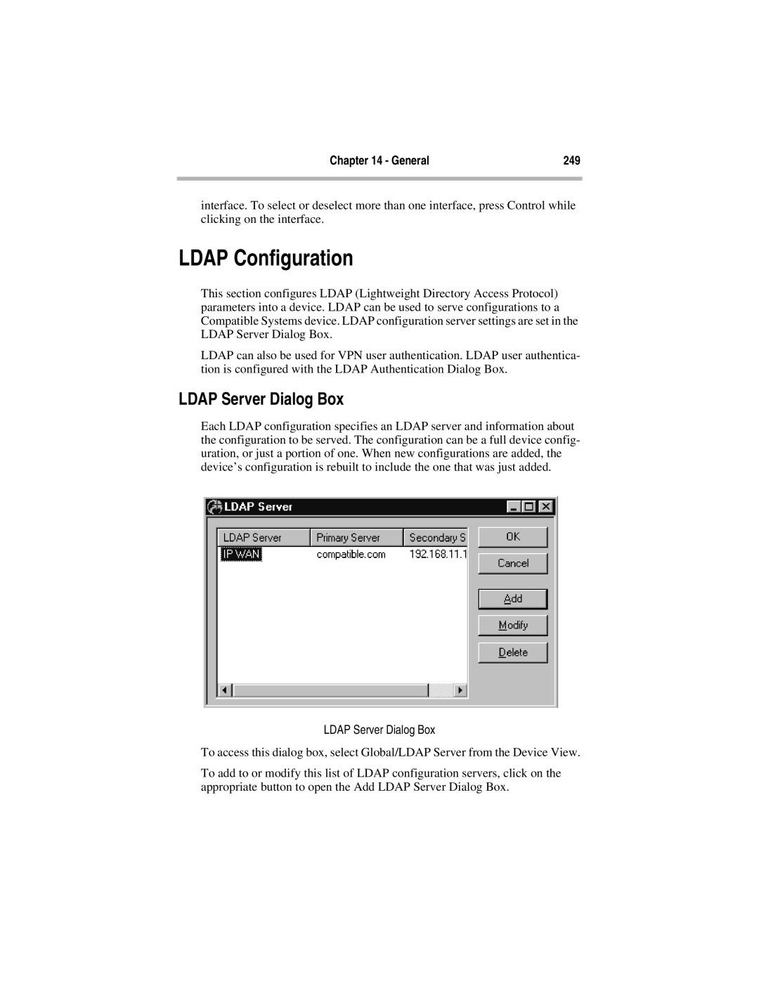 Compatible Systems 5.4 manual Ldap Configuration, Ldap Server Dialog Box, General 249 