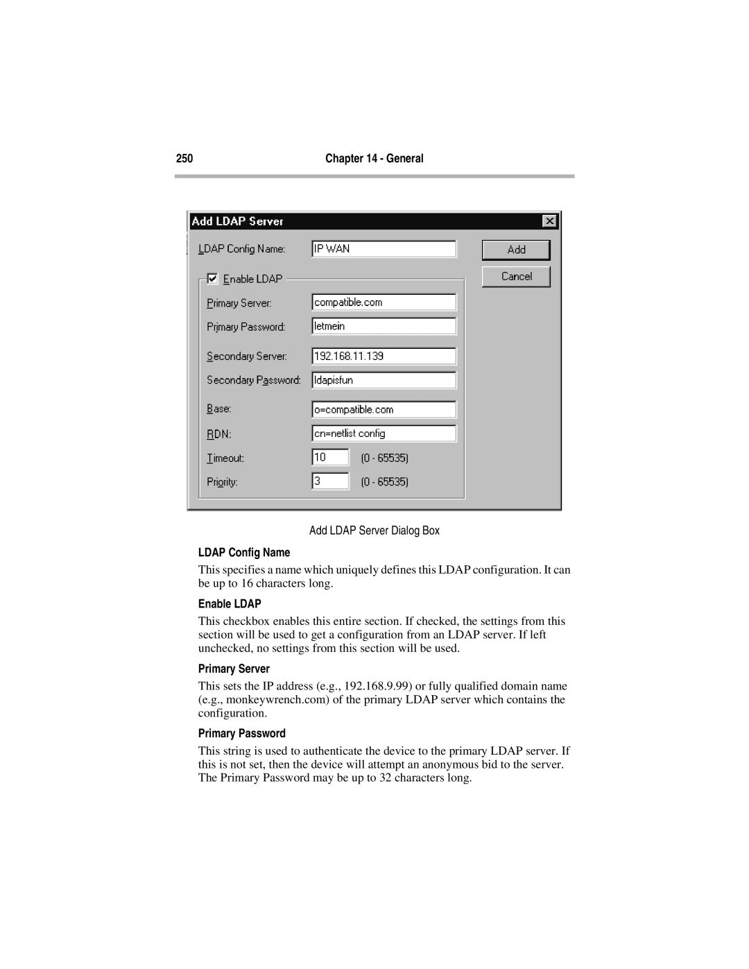 Compatible Systems 5.4 manual Add Ldap Server Dialog Box, Ldap Config Name, Enable Ldap, Primary Server Primary Password 