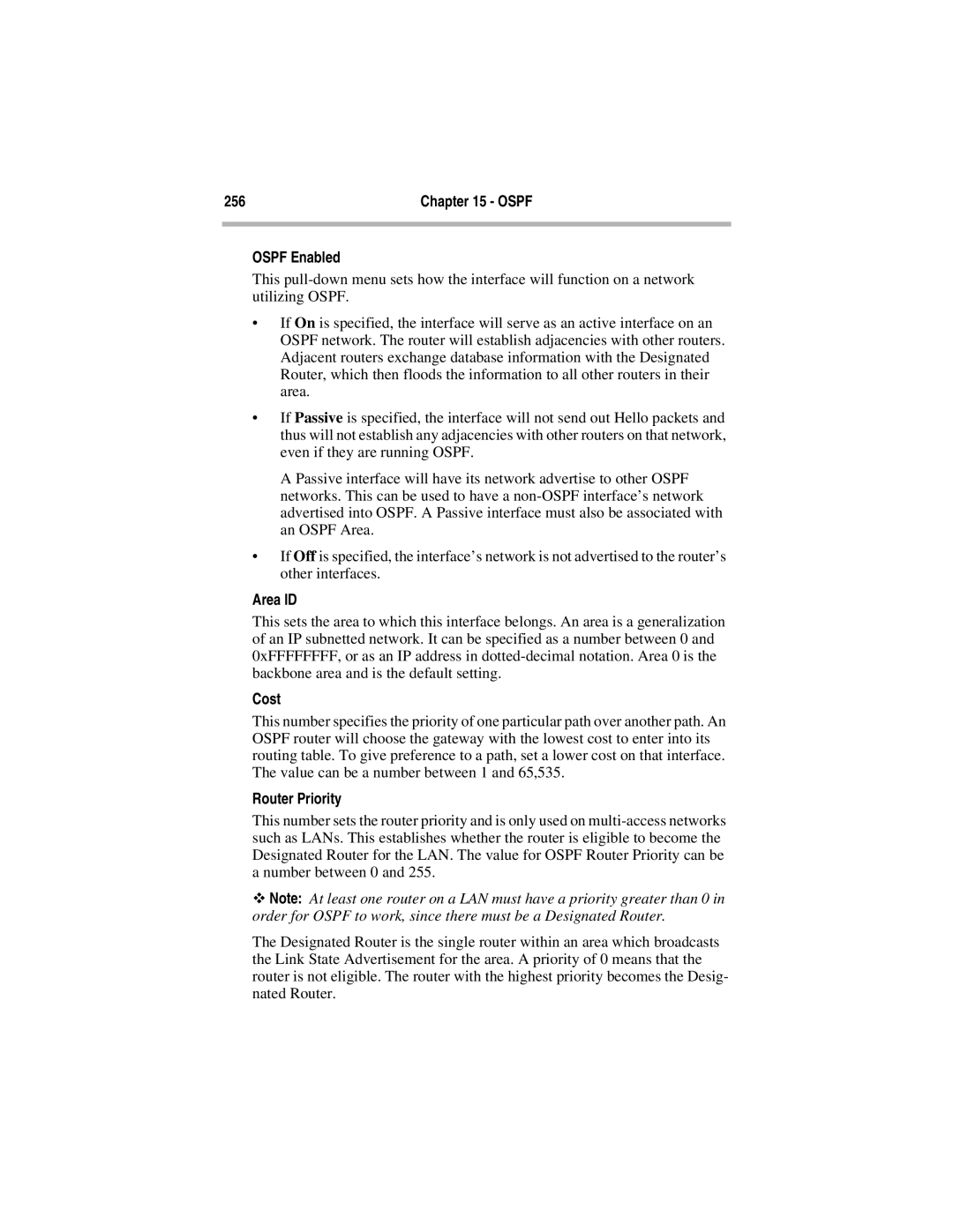 Compatible Systems 5.4 manual Ospf Enabled, Area ID, Cost, Router Priority 