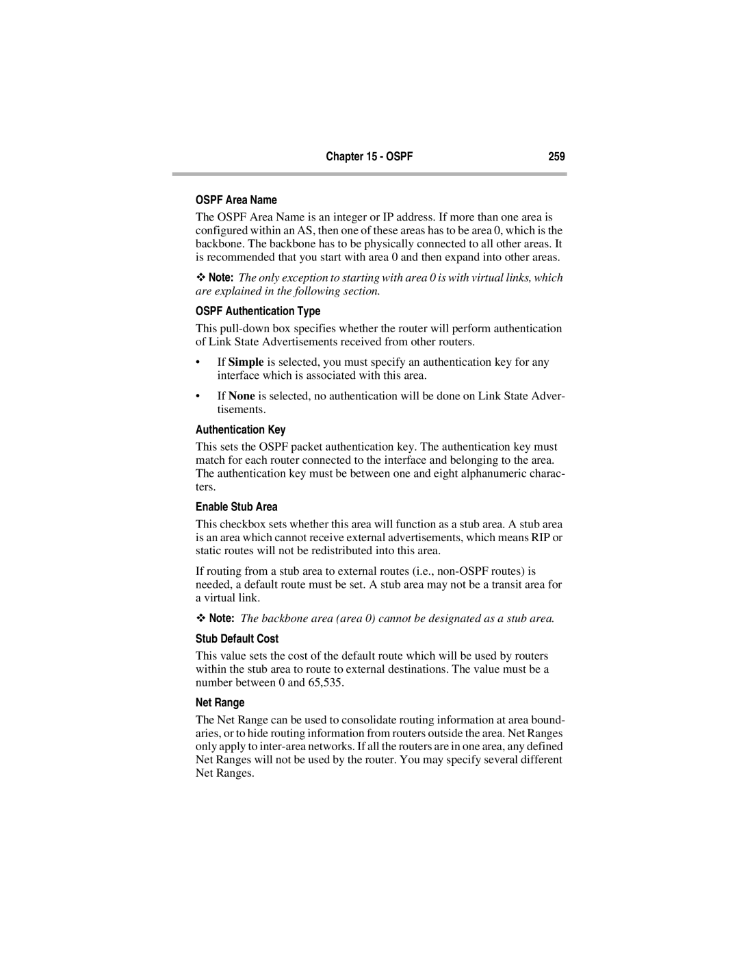 Compatible Systems 5.4 Ospf 259 Ospf Area Name, Ospf Authentication Type, Enable Stub Area, Stub Default Cost, Net Range 