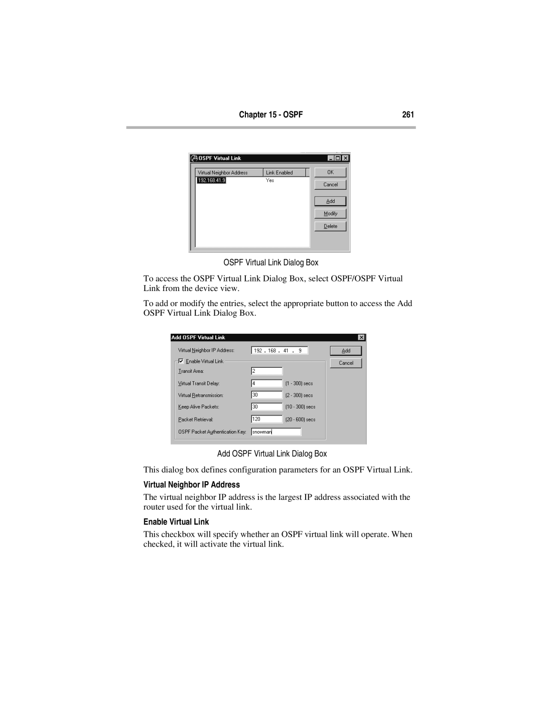 Compatible Systems 5.4 Ospf 261, Add Ospf Virtual Link Dialog Box, Virtual Neighbor IP Address, Enable Virtual Link 