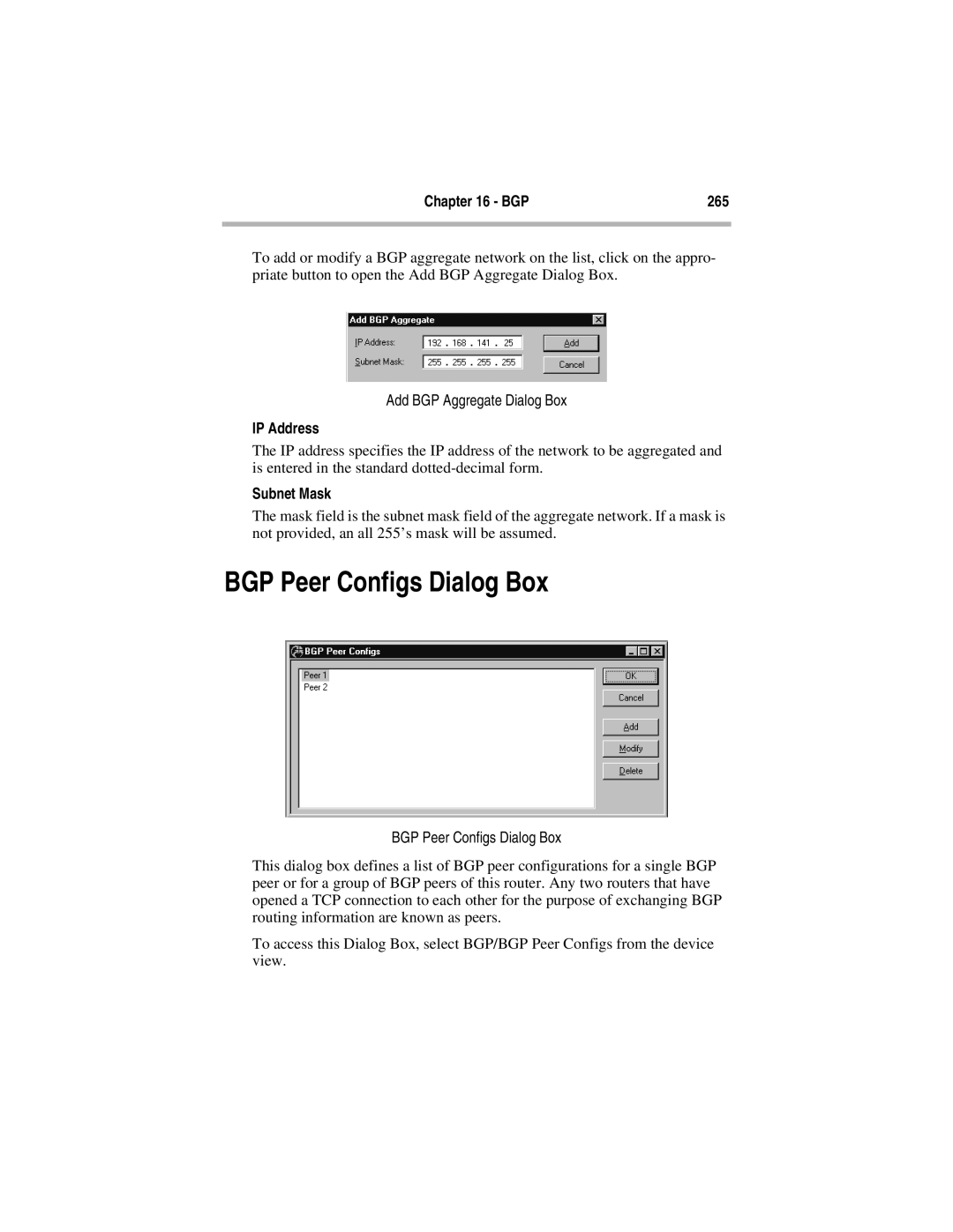 Compatible Systems 5.4 manual BGP Peer Configs Dialog Box, BGP 265, Add BGP Aggregate Dialog Box, Subnet Mask 