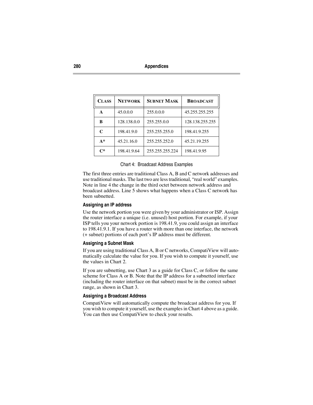 Compatible Systems 5.4 manual Chart 4 Broadcast Address Examples, Assigning an IP address, Assigning a Subnet Mask 