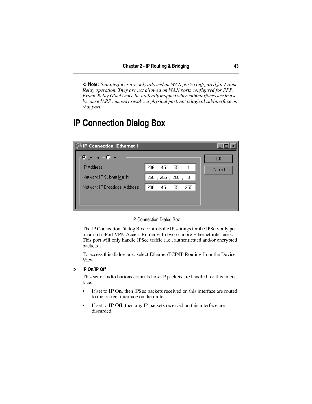 Compatible Systems 5.4 manual IP Connection Dialog Box, IP On/IP Off 