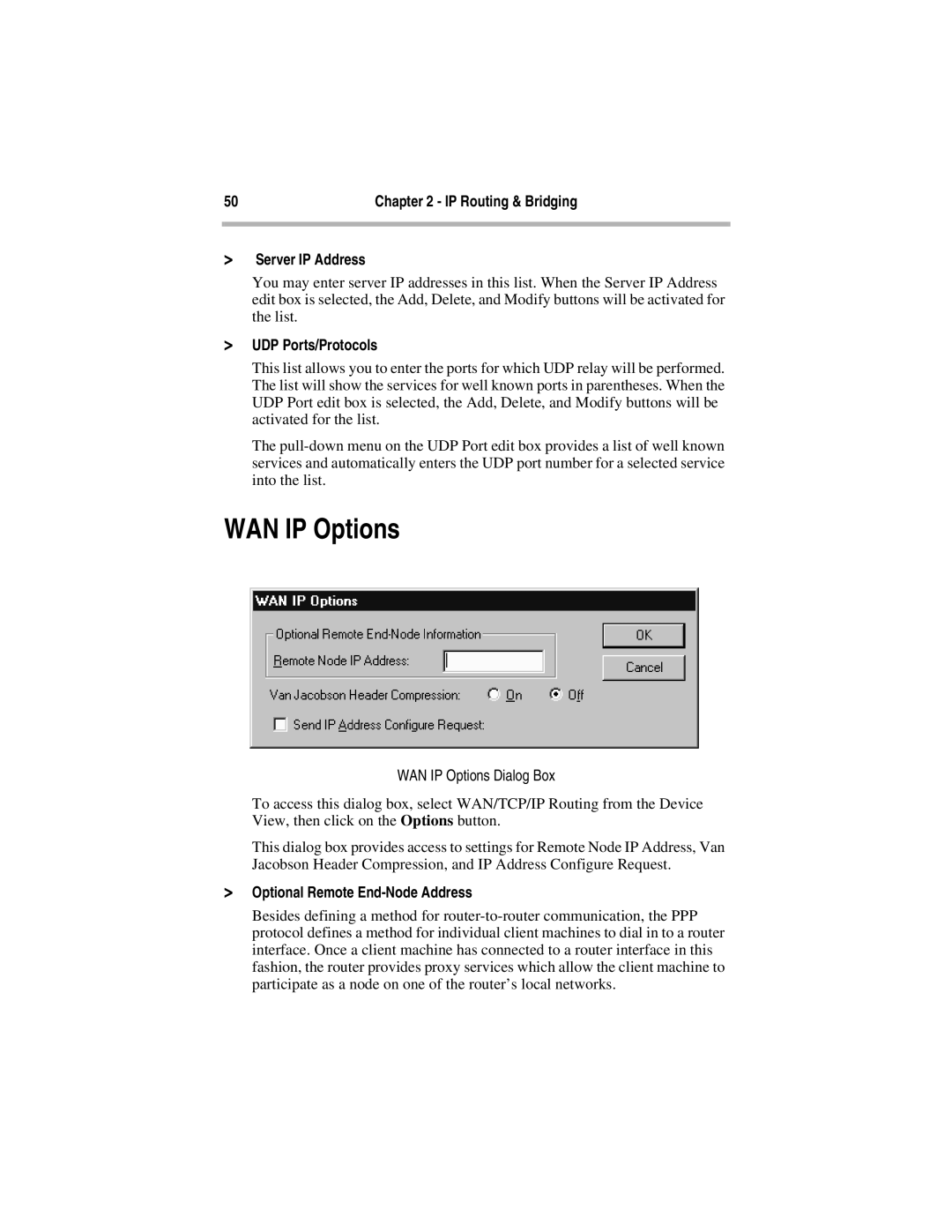 Compatible Systems 5.4 manual Server IP Address, UDP Ports/Protocols, WAN IP Options Dialog Box 