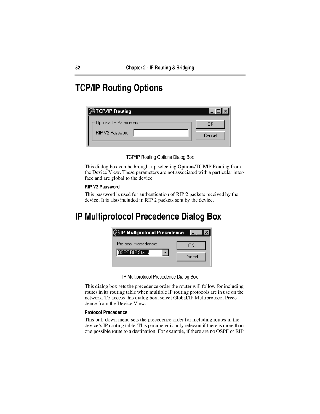 Compatible Systems 5.4 manual TCP/IP Routing Options, IP Multiprotocol Precedence Dialog Box, RIP V2 Password 