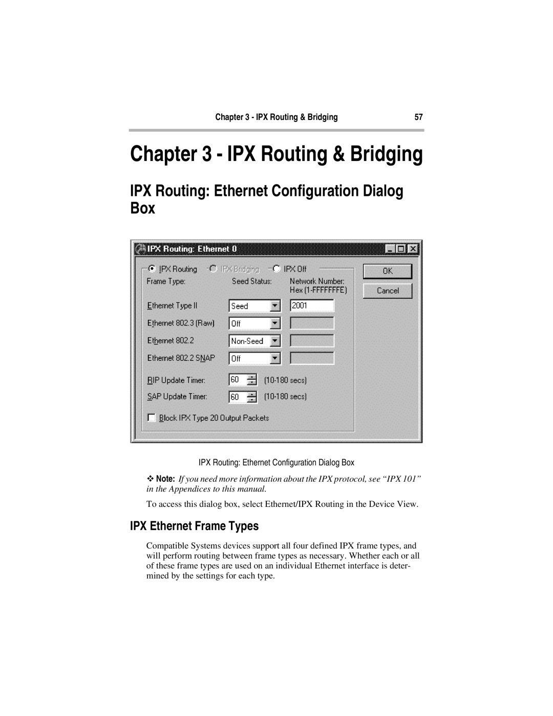 Compatible Systems 5.4 IPX Routing Ethernet Configuration Dialog Box, IPX Ethernet Frame Types, IPX Routing & Bridging 